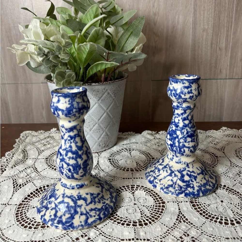 Staffordshire Chelsea Works Burslem Artisan Blue Cream Ceramic Candle Holders